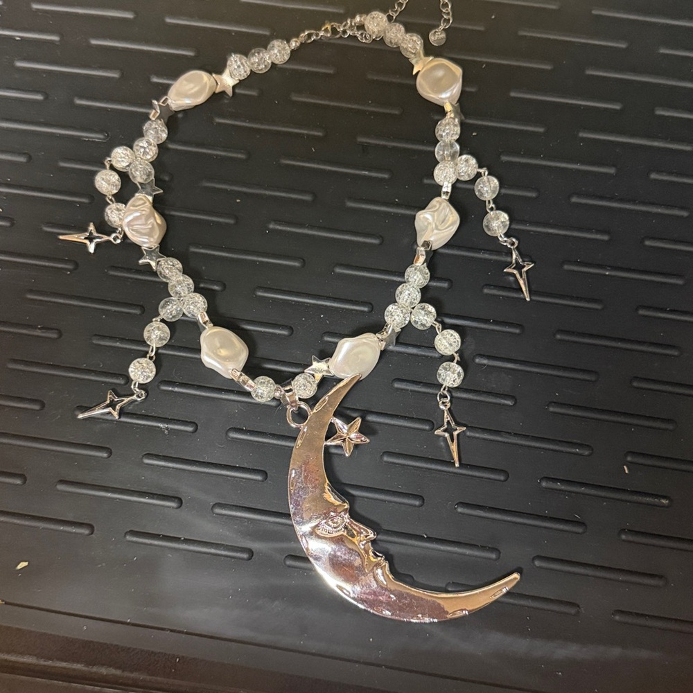 Silver Moon and Star Necklace with Pearls